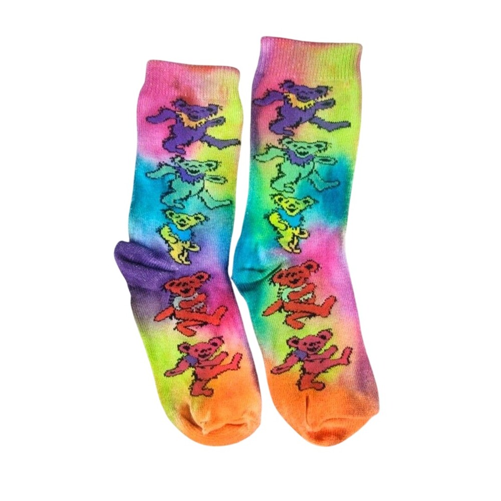Tie Dye Dancing Bears Socks Mens One Size Multicolor Novelty Mid Calf Crew